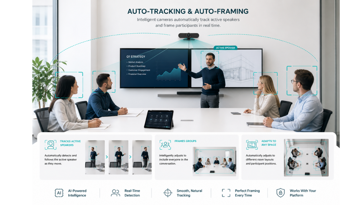 Auto tracking video conferencing camera