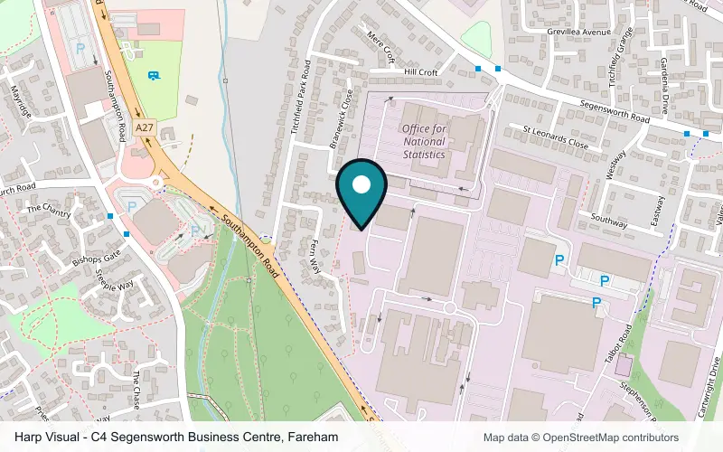 Static map showing Harp Visual location at C4 Segensworth Business Centre, Segensworth Road, Fareham, Hampshire