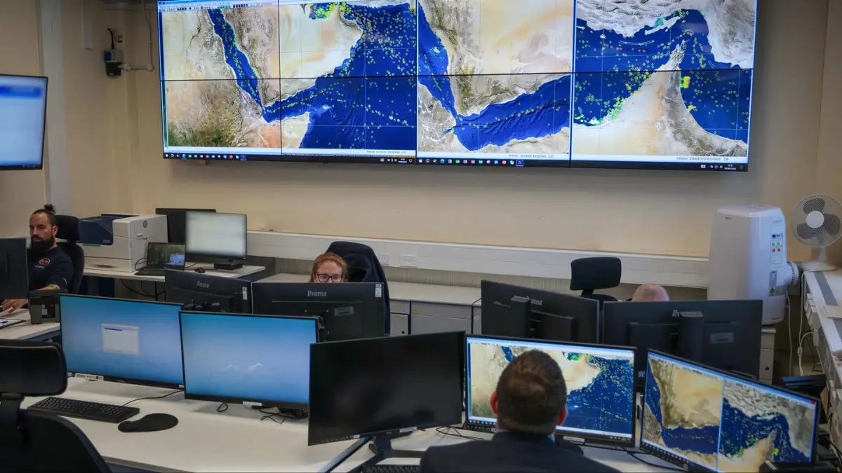 UK Maritime Trade Organisation operations room — multi-source video wall display environment