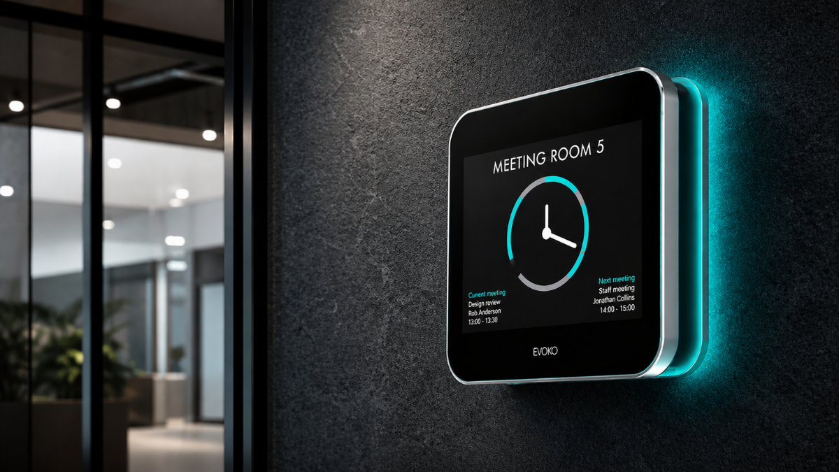 Room booking system panel outside a meeting room